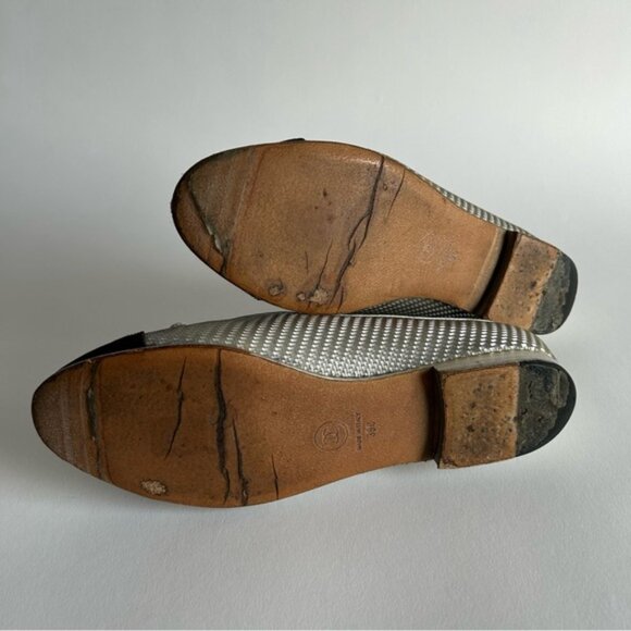 CHANEL CC CAP TOE DIAGONAL QUILTED SILVER BALLET FLATS SZ 39 - Picture 7 of 15